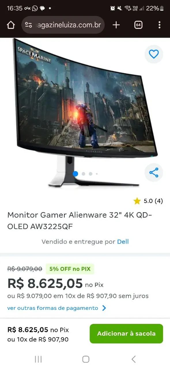 Monitor Gamer Alienware 32" 4K QD-OLED AW3225QFD AW3225QF