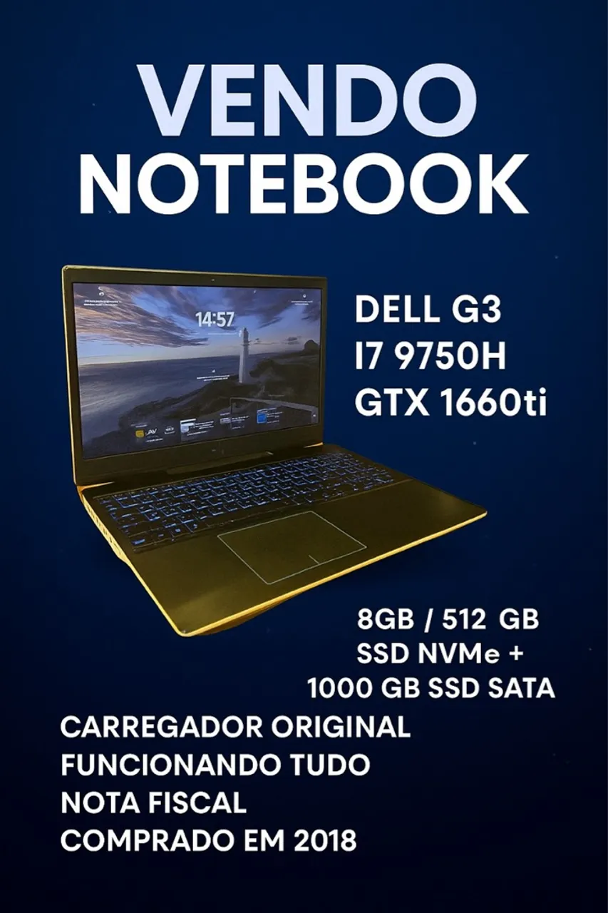Notebook Dell G3 - i7 9750h - GTX 1660ti - 8bg - 512 gb SSD NVME + 1000 gb SSD SATA