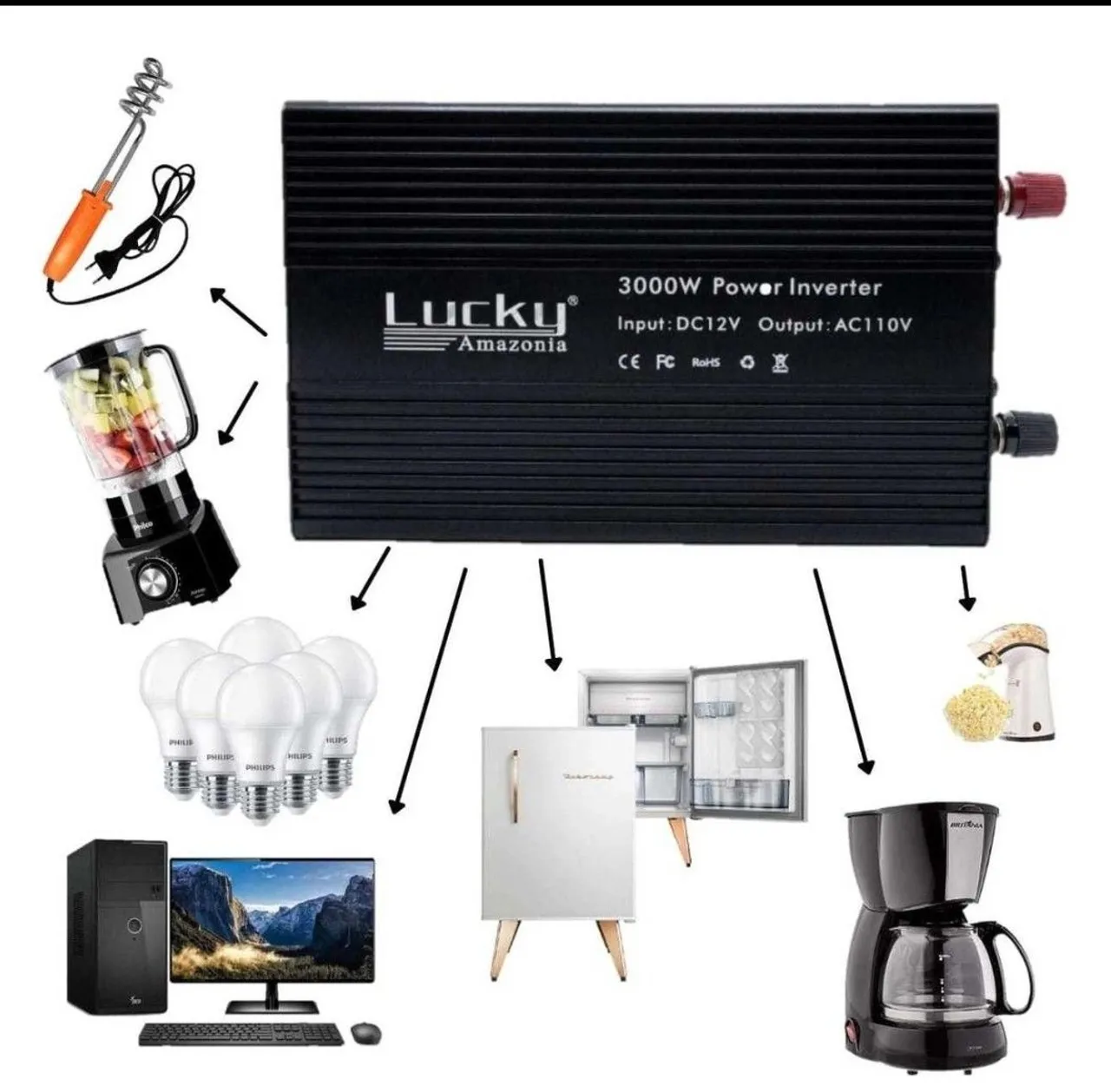 Inversor de energia 3000w de 12v p/110v Lucky Amazônia.