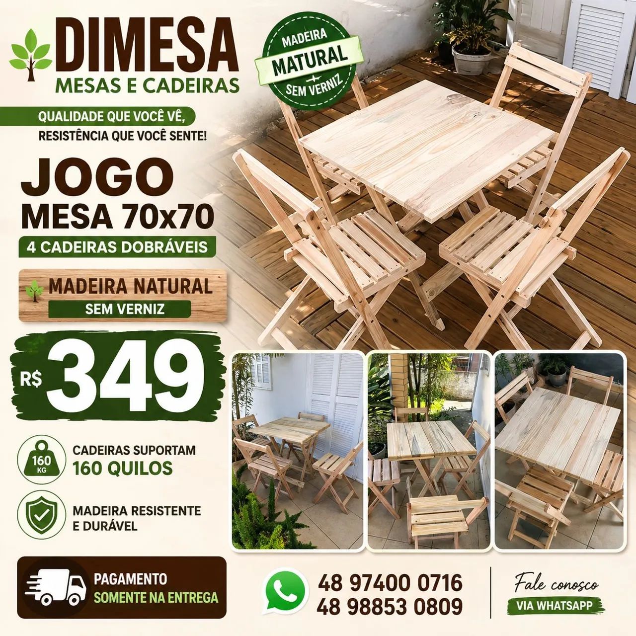 Kit mesa 70x70 madeira maciça + 4 cadeiras sem verniz 