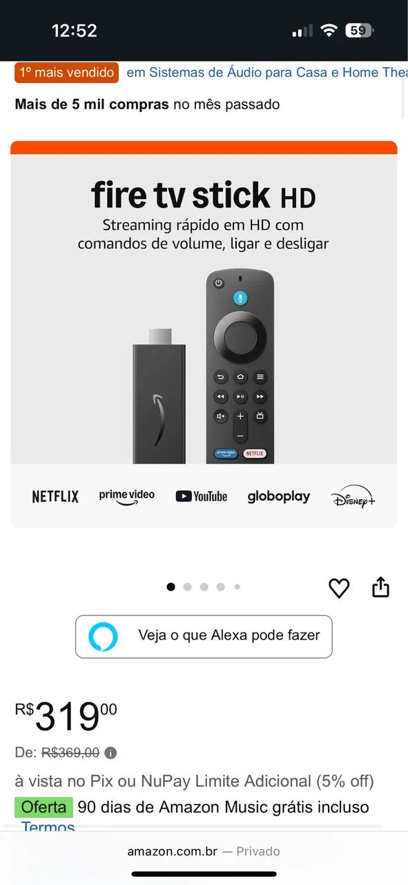Fire TV Stick HD Com controle remoto por voz com Alexa - Foto 3