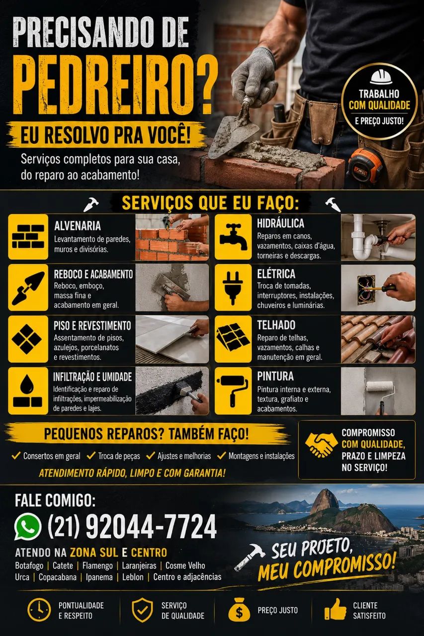 Pedreiro - Reformas, Infiltração, Piso, Reboco e Reparos