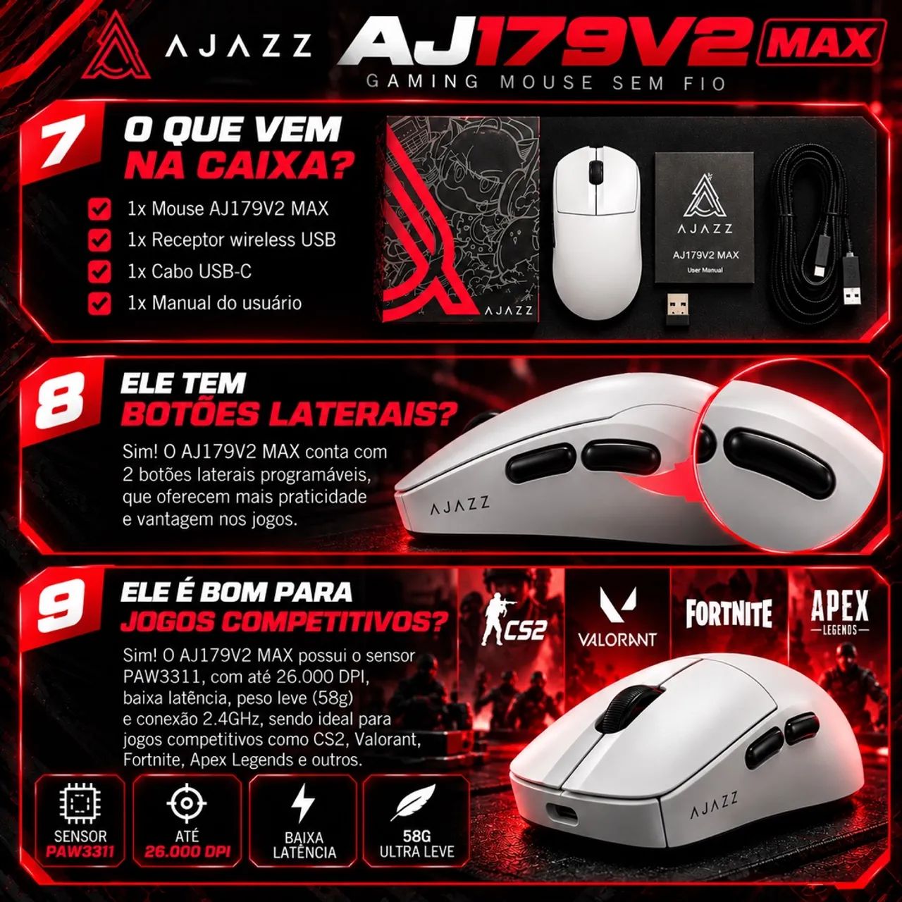 Mouse Gamer AJAZZ AJ179V2 MAX Sem Fio 26.000 DPI PAW3311 58g