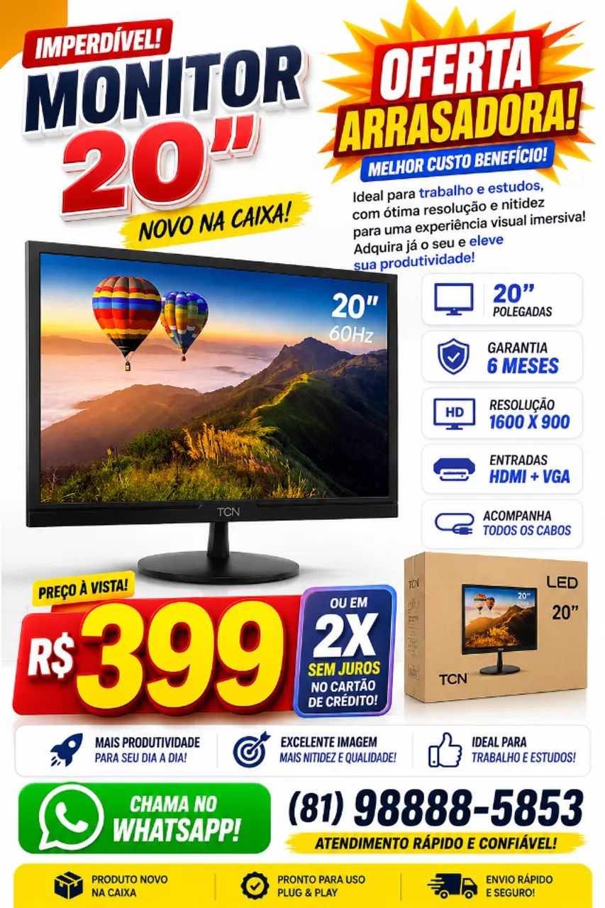 Monitor 20 polegadas novo na caixa com Garantia de 6 meses R$ 399,00