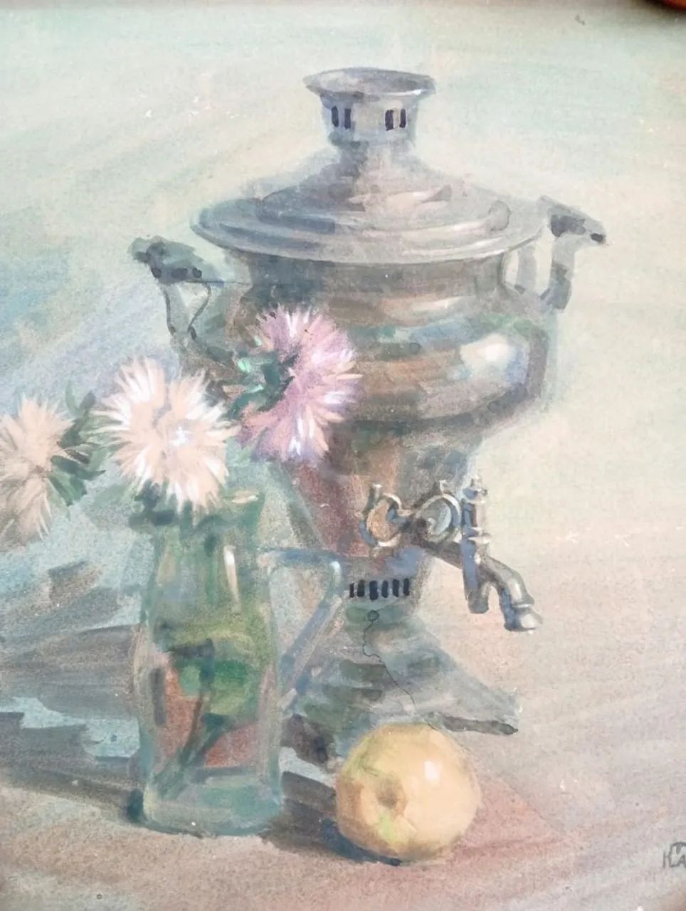 Aquarela russa assinada Yury Konyshev- samovar 1992 - Foto 4