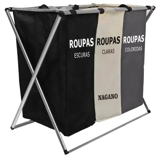 Cesto De Roupa Suja Organizador 3 Divisórias Dobrável - 65 x 40 x 60cm - E035994
