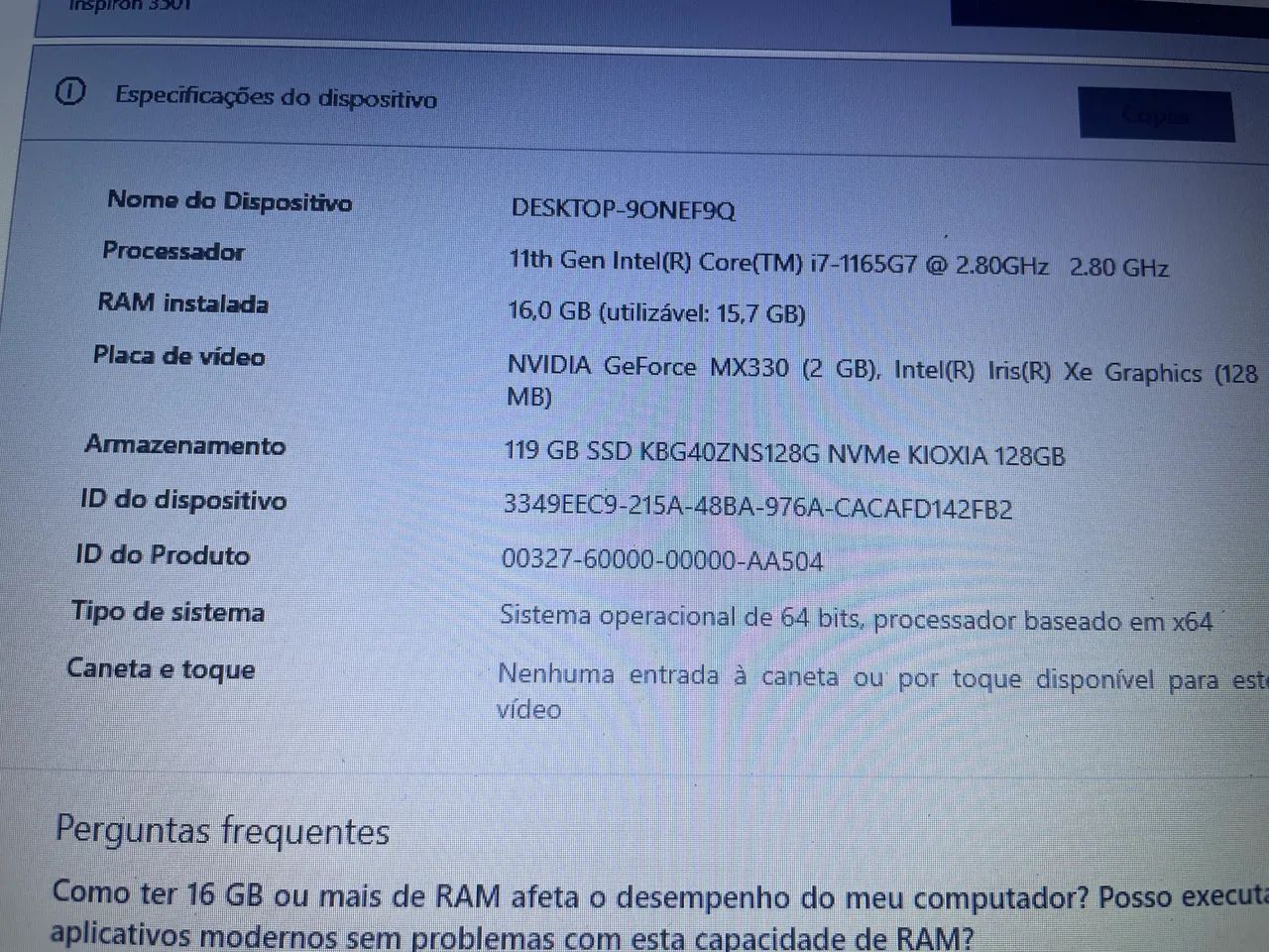 Notebook Dell i7 11th 16 GB RAM com placa de vídeo nvdia 