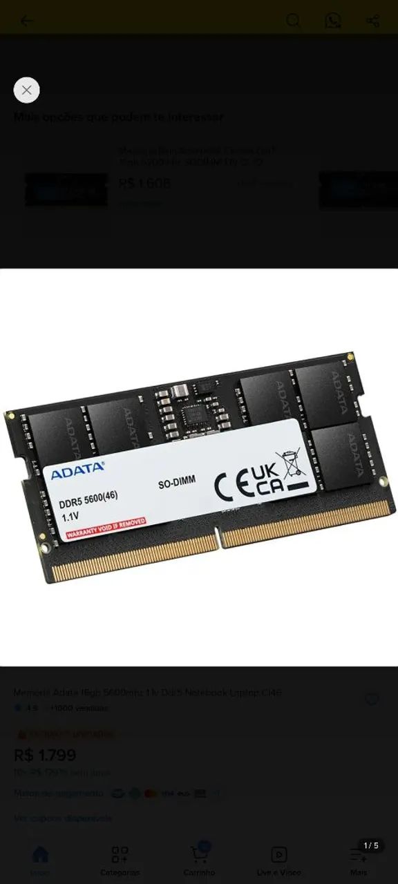 Memória ddr5 16 gigas notebook