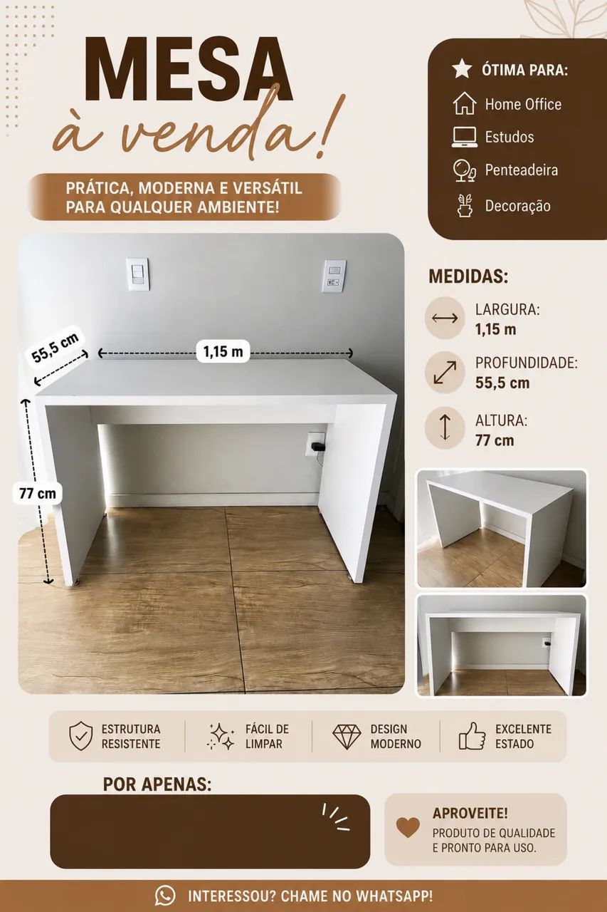 Mesa para escritório/estudo MDF BRANCO - Foto 2