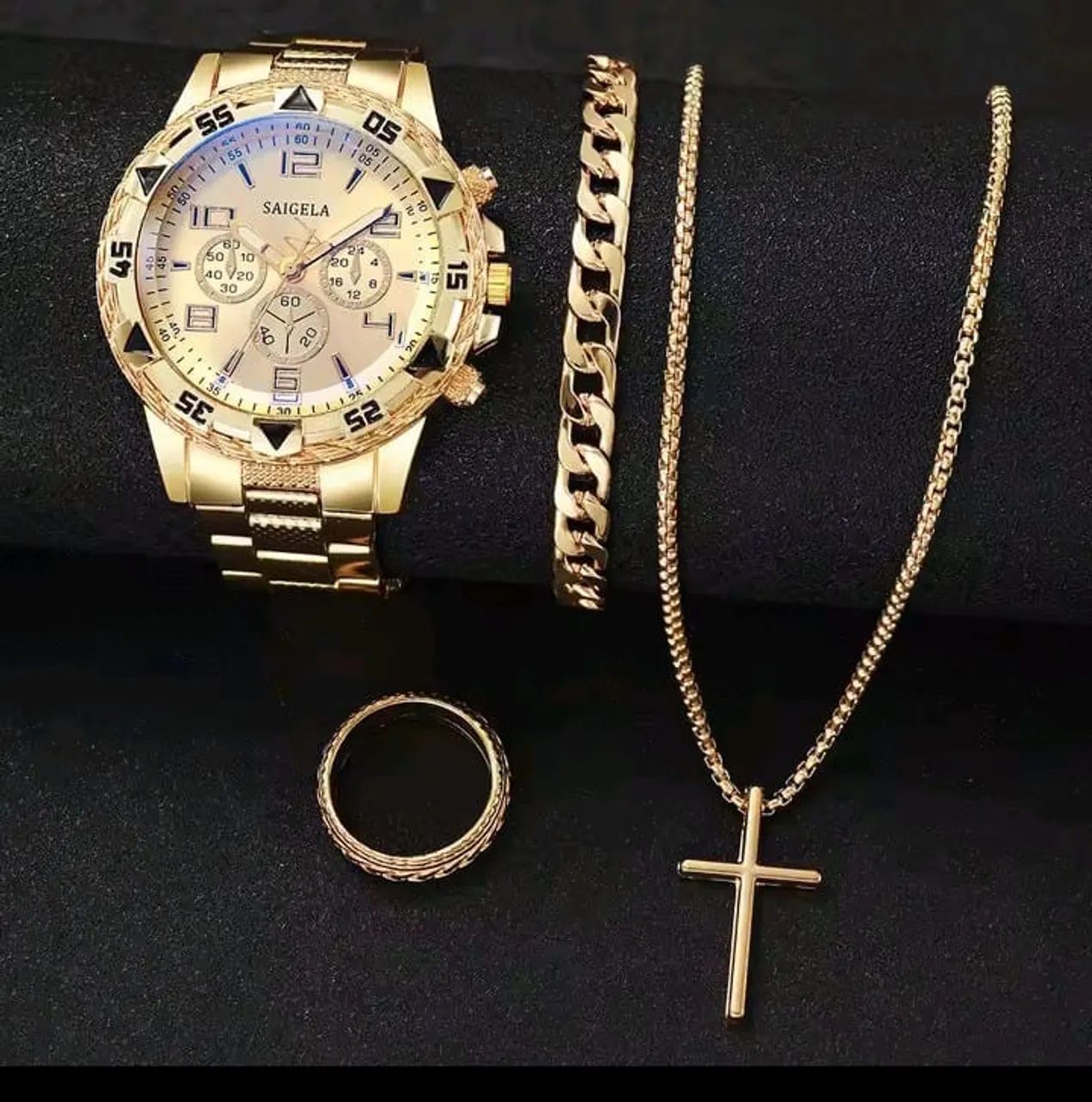 Relogio , pulseira, colar e anel dourados masculino