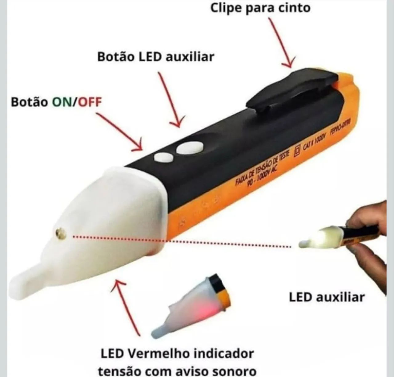 Caneta Detectora de Tensão Profissional - 90 a 1000V AC, Sinal Sonoro e Visual,  