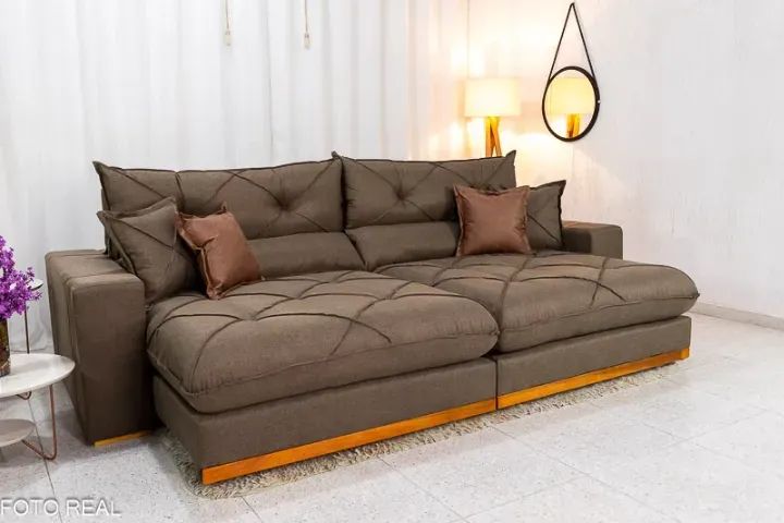 Sofá Retrátil Reclinável Gran Bello Linho Marrom Larg. 2.90m - D33 e Molas Ensacadas
