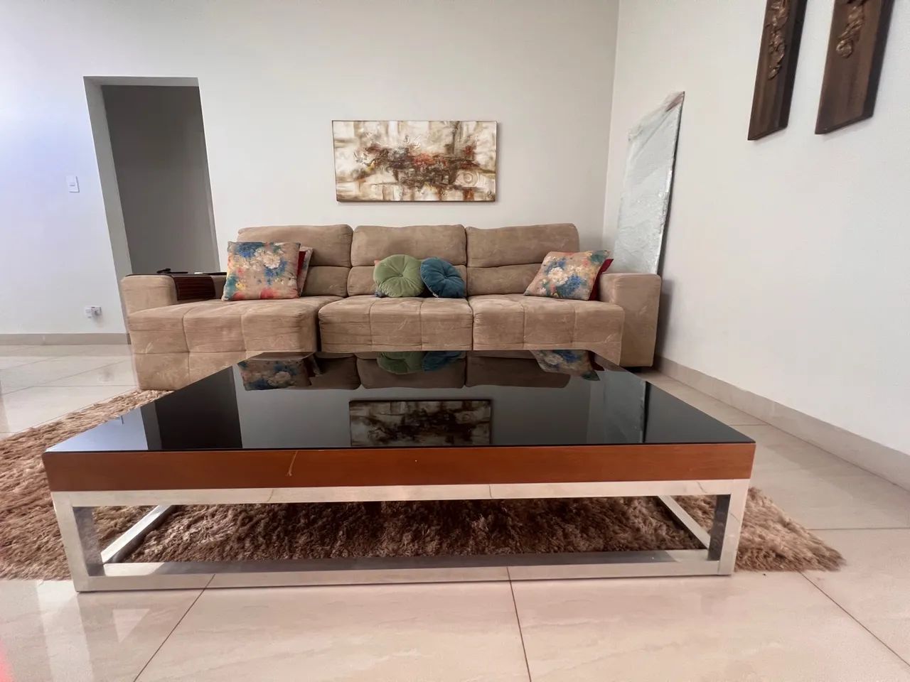 Mesa de Centro Moderna com Tampo de Vidro e Madeira