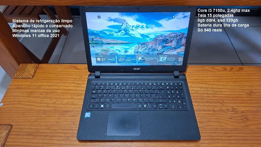 Notebook Acer core i3, 8gb ddr4 e ssd 120gb, aceito cartão