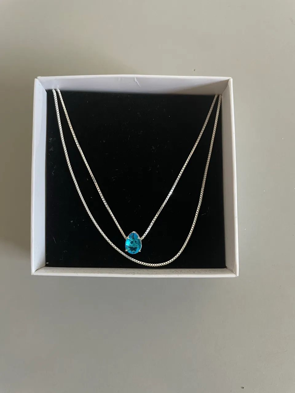 Colar Prata 925 com Pingente Azul - Dupla Corrente