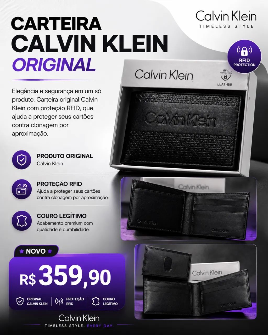 Carteira Calvin Klein Original em Couro Legítimo com RFID - Nova na Caixa