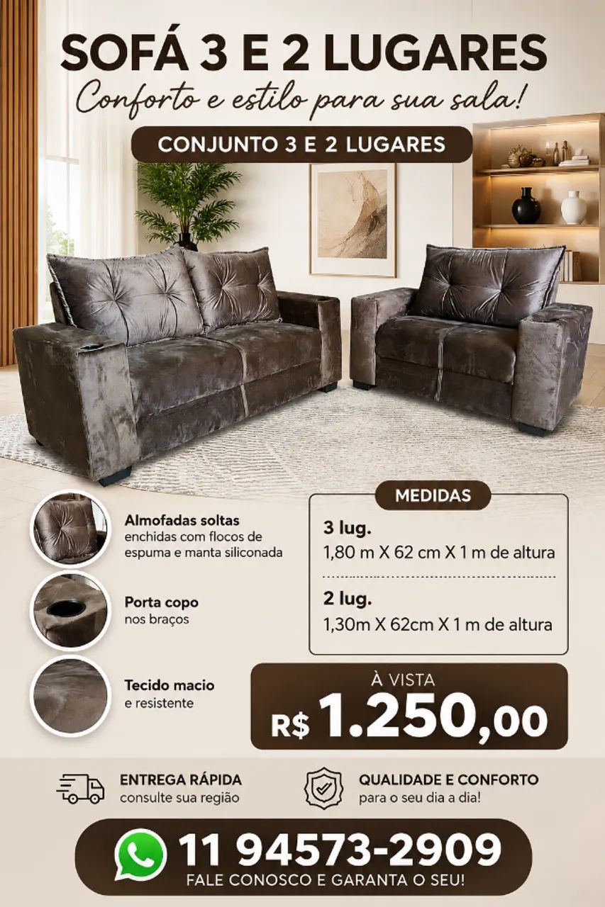 Sofá 2 e 3 lugares com porta copos 