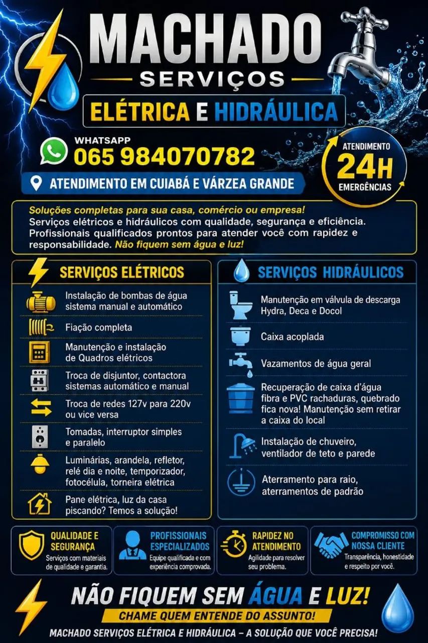 Eletricista e encanador emergência água e luz 24h!