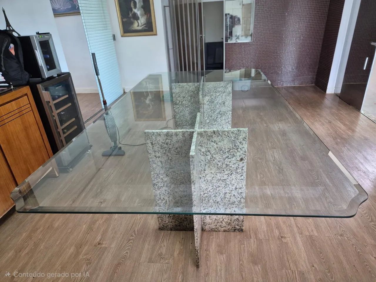 mesa com tampo de vidro 12mm bisotado e base em mármore  - Foto 2