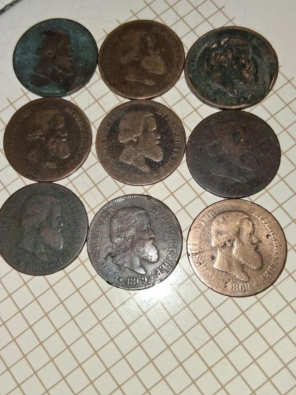 Lote com 9 moedas antigas de 20 Réis dom Pedro II  década 1860