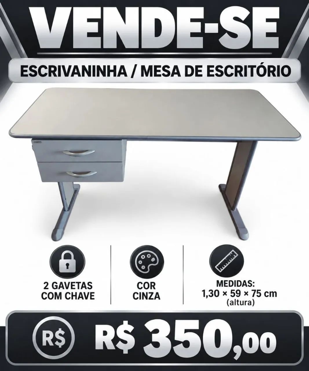 Mesa Escritório Aço/MDF 2 gavetas