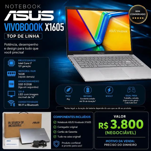 Notebook ASUS Vivobook X1605 - Top de linha