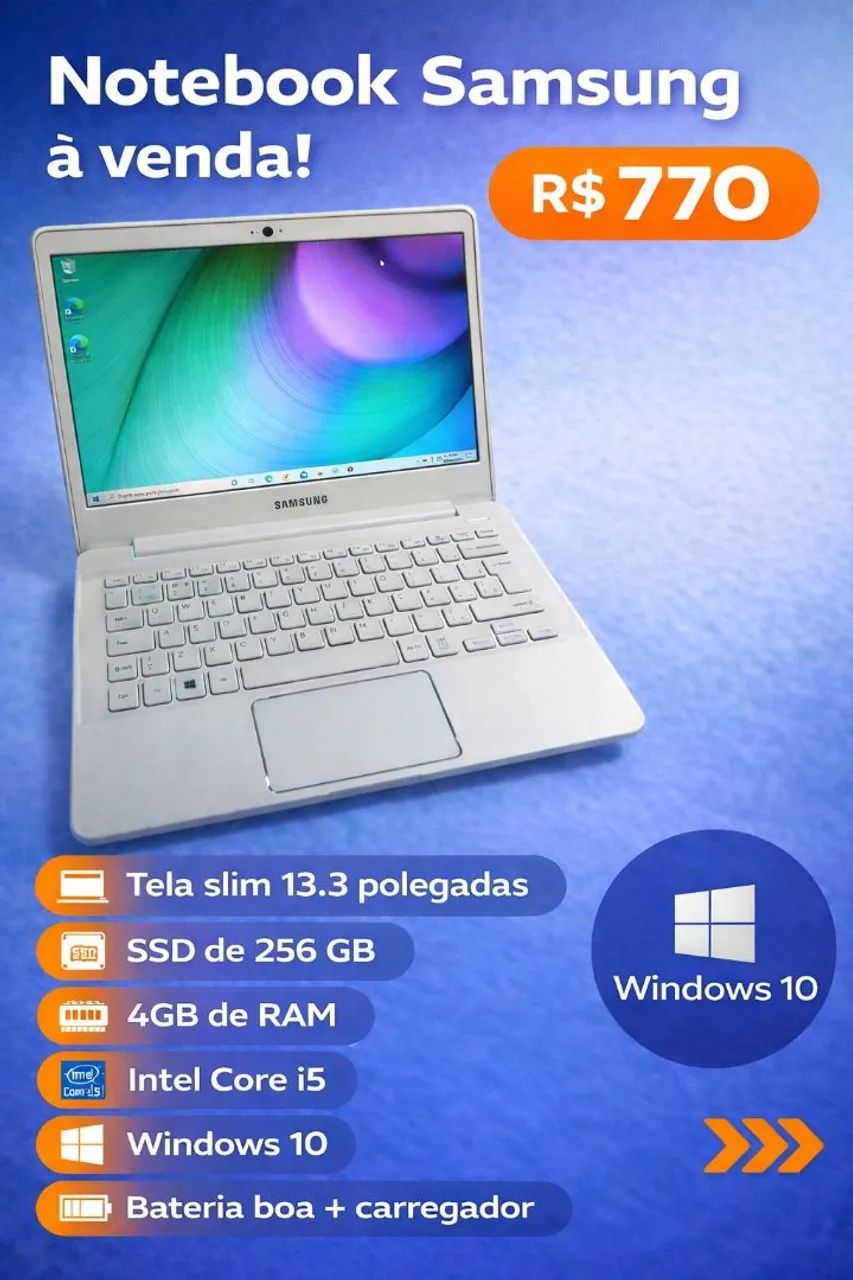 Notebook Samsung com processador Intel Corei5, SSD de 256 gigas, 4 Gb ...