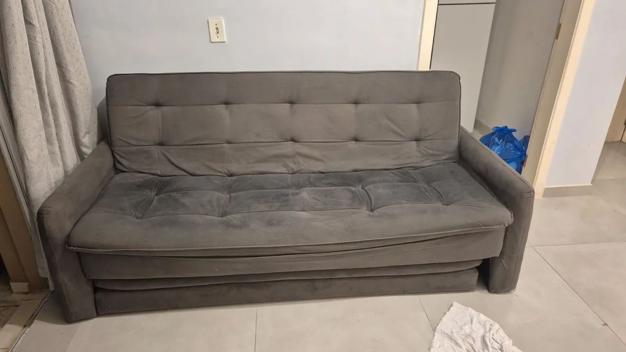 Sofá-Cama 3 Lugares Reclinável em Tecido Suede Cinza