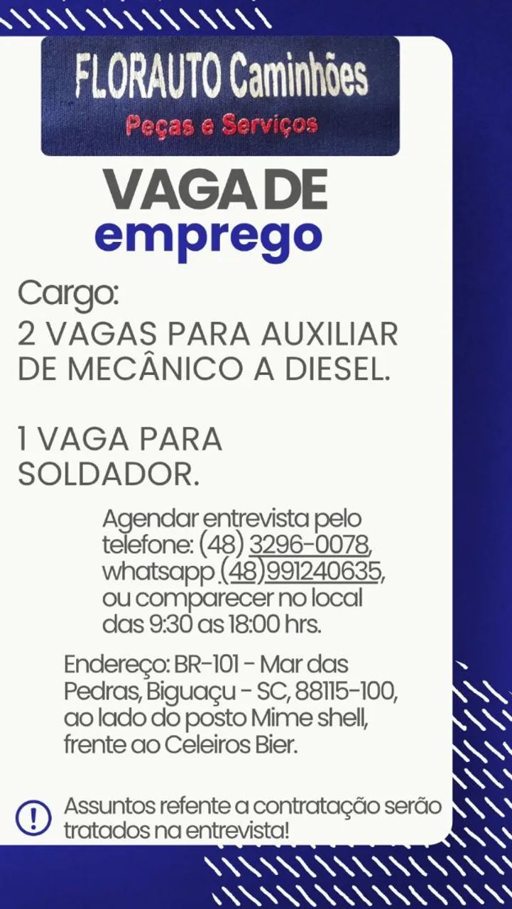 Vaga auxiliar mecânico a diesel e soldador 
