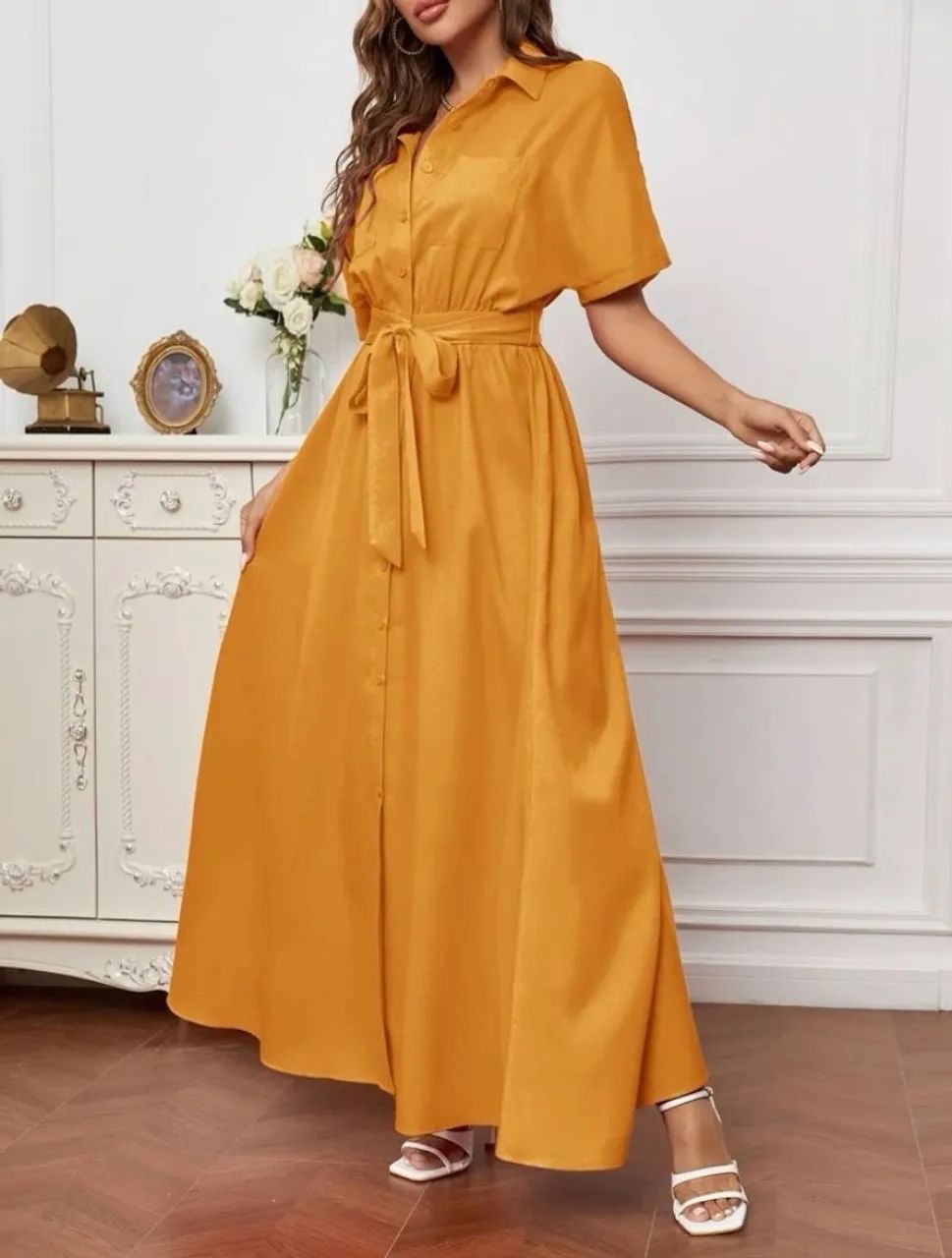 vestido longo maxxi amarelo mostarda bolso - Foto 4