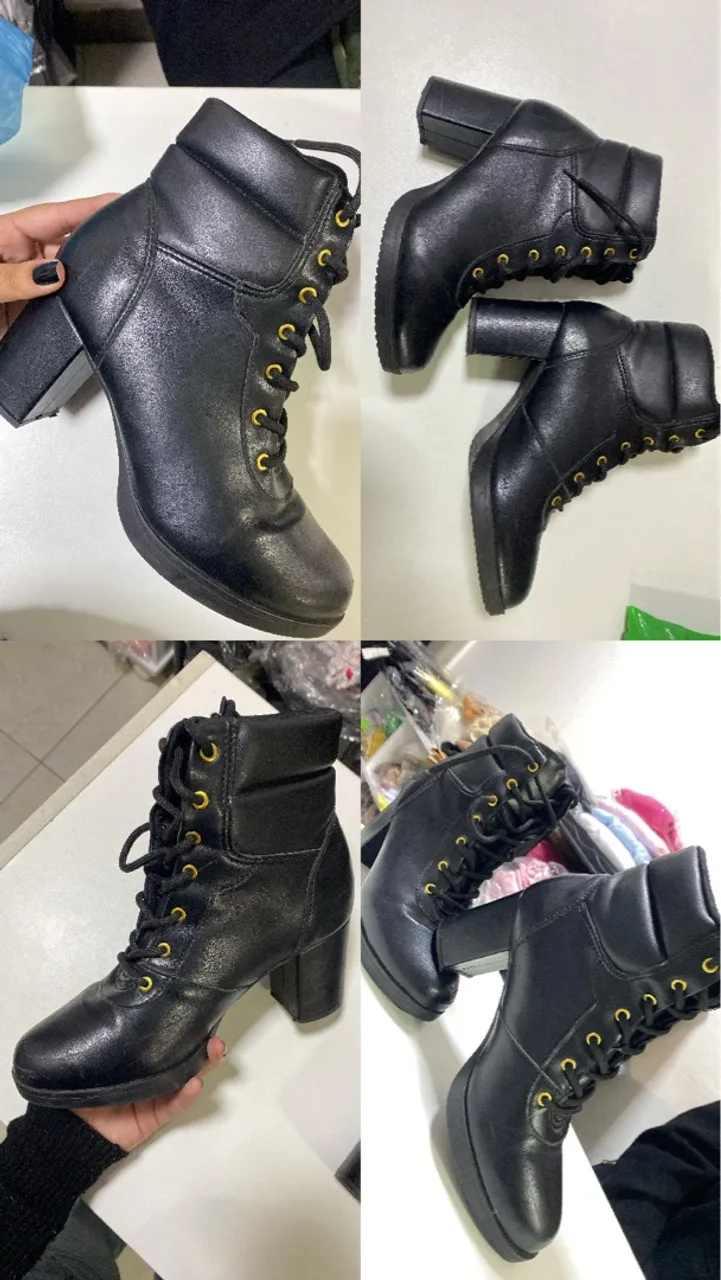 Bota Feminina Preta com Cadarço e Salto Bloco