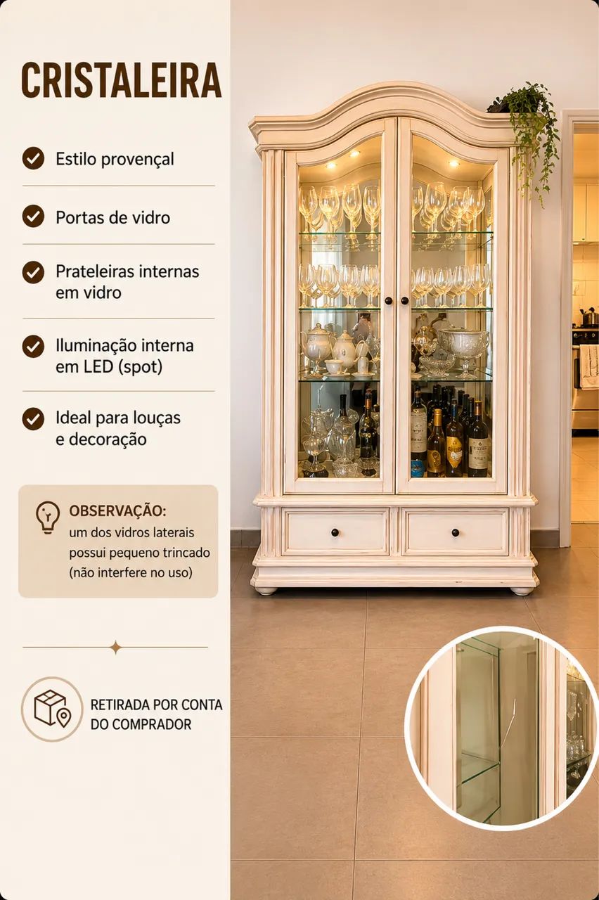 Cristaleira Provençal Branca com iluminação 