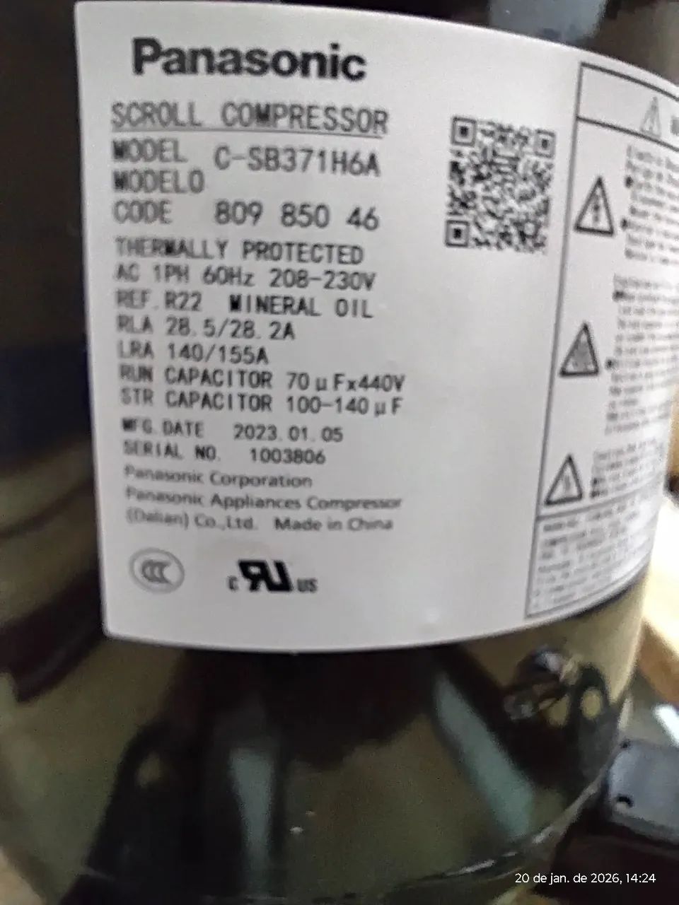 COMPRESSOR SCROLL PANASONIC C-SB371H6A R22 220v