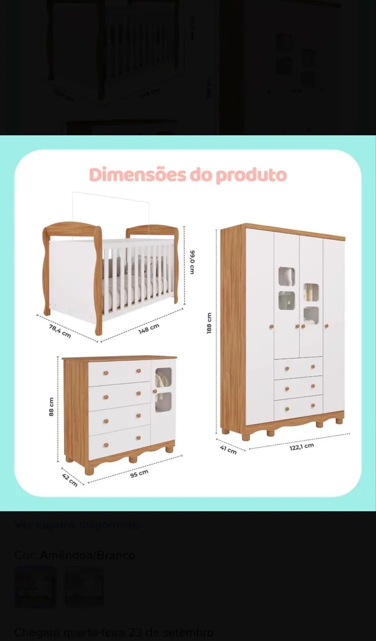 Quarto bebê berço marquesa 3 em 1 cômoda e guarda roupa 4 portas