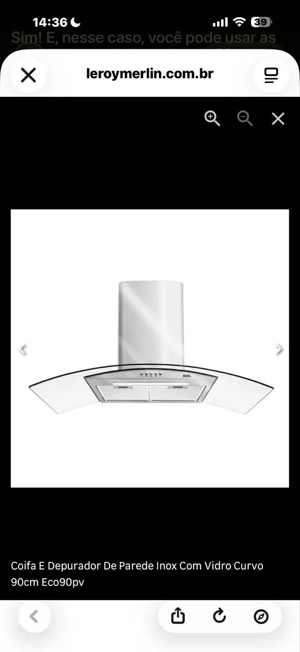 Coifa EOS 90 cm Inox com Vidro Curvo - Perfeito Funcionamento
