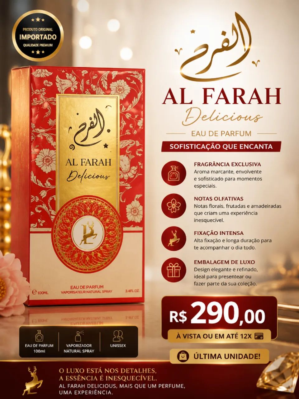 Al Farah Delicious Eau de Parfum Original Importado | Luxo Árabe
