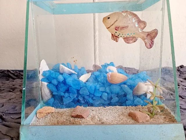 Aquario de vidro com decoração, pedraria e tampa. - Foto 3