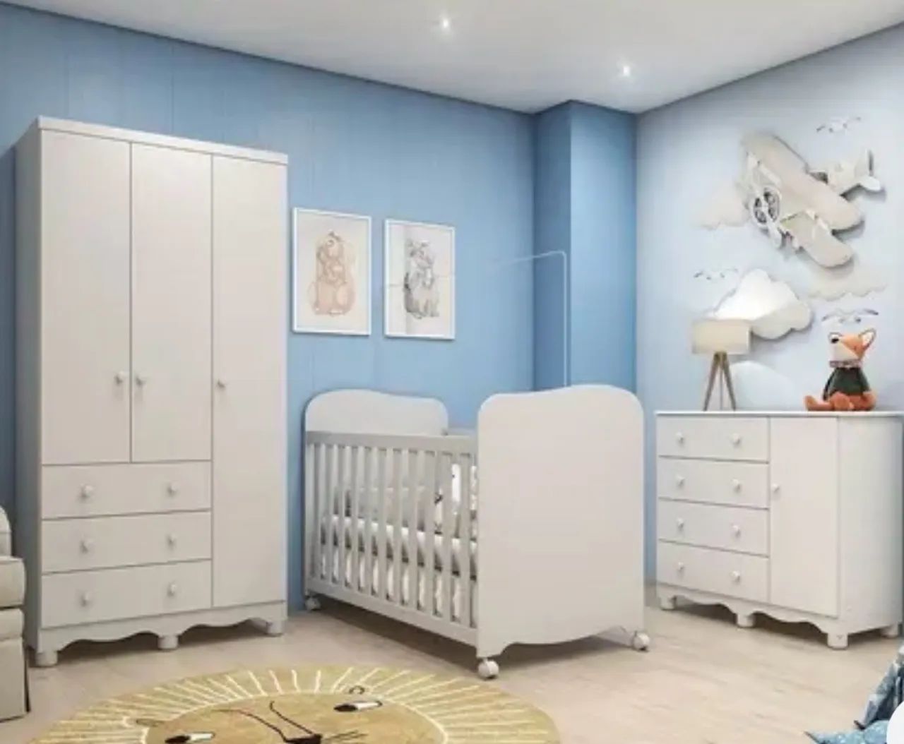 Quarto de Bebê Completo Berço Guarda Roupa 3 Portas e Cômoda 100% MDF Móveis Branco