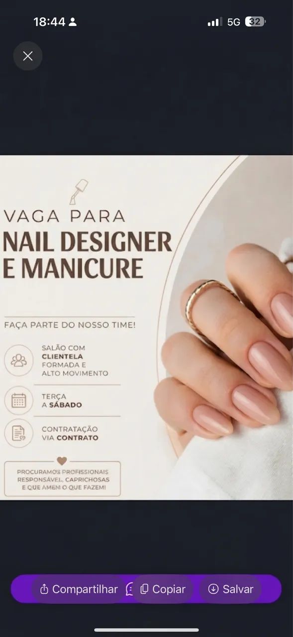 Vaga para Manicure e Nail designer 