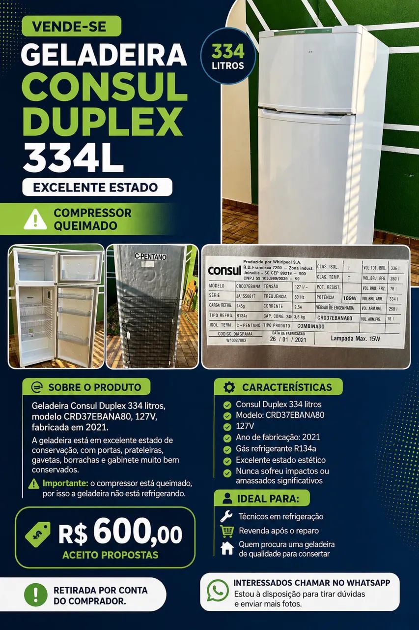 Geladeira Consul Duplex 334L CRD37EB 127V - Excelente estado | Compressor queimado