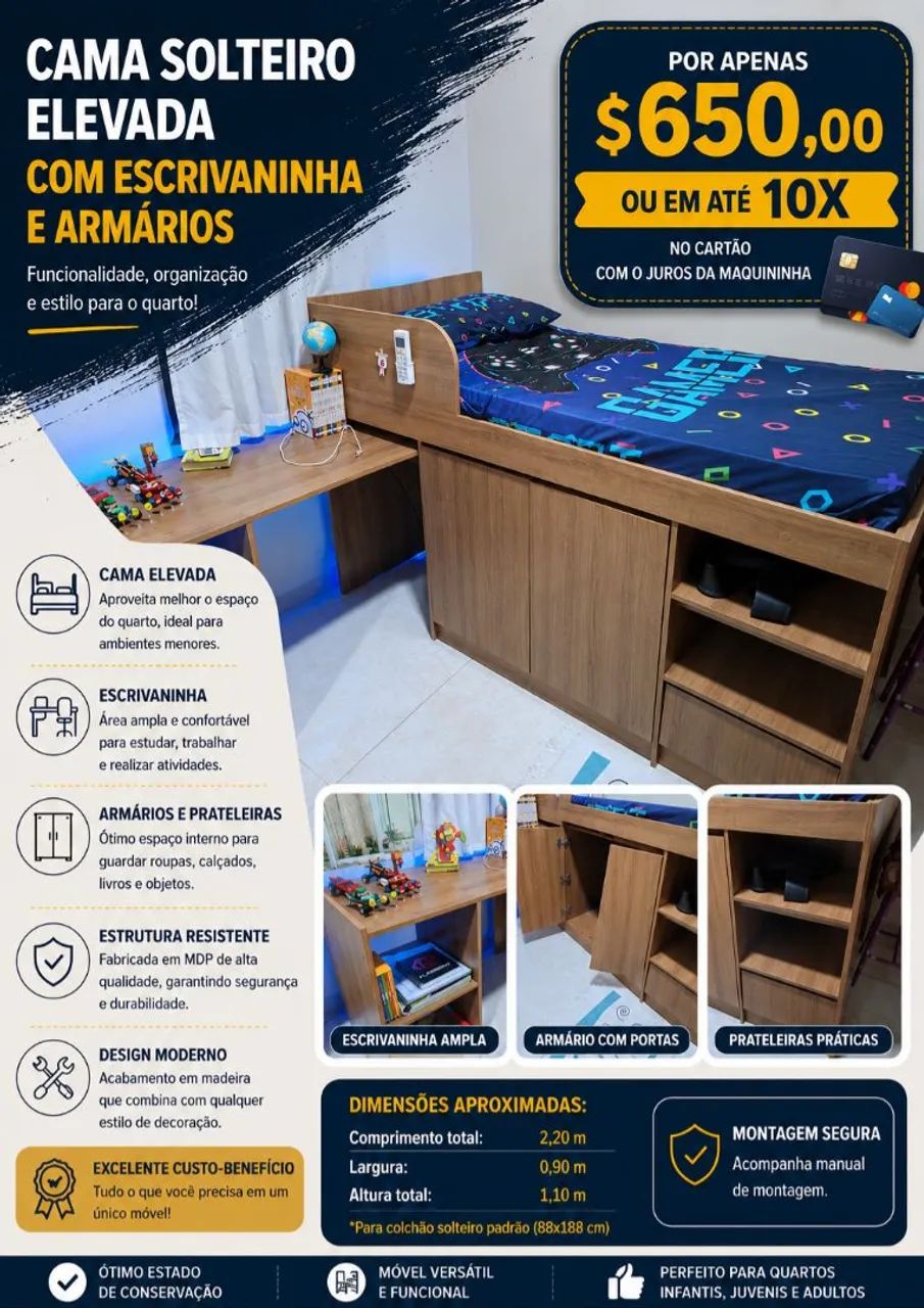 Cama de solteiro com escrivaninha