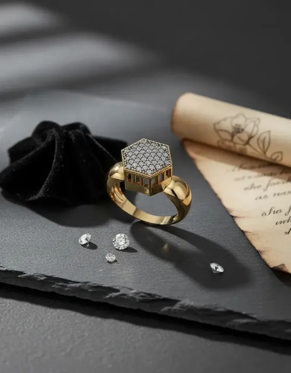 Anel Chuveiro Sextavado de Ouro com Diamantes