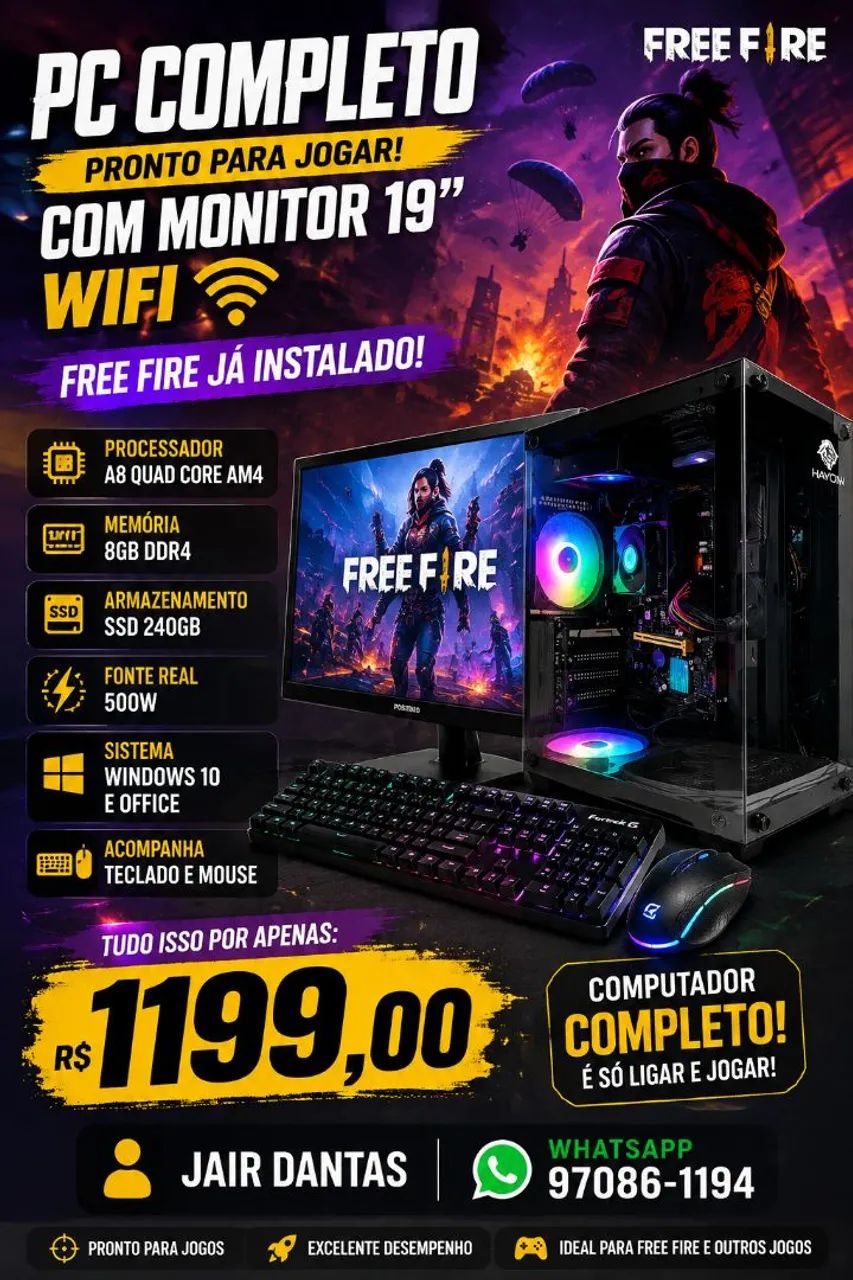 PC gamer completo ddr4 já com freefire e ssd 