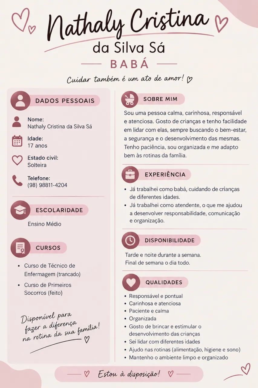 Estou disponível como babá