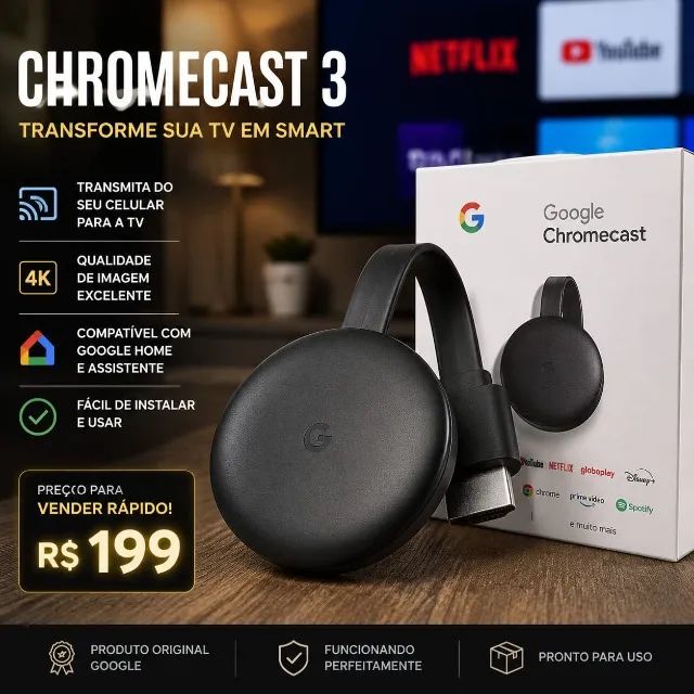 Chromecast 3 Original + Suporte 3d - R$ 230 *S/CAIXA