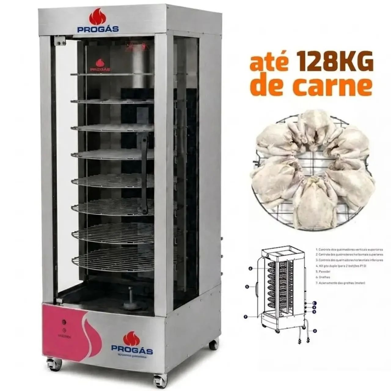 Assadeira frango carnes 128kg 8 grelhas + mesa inox profissional - Foto 4