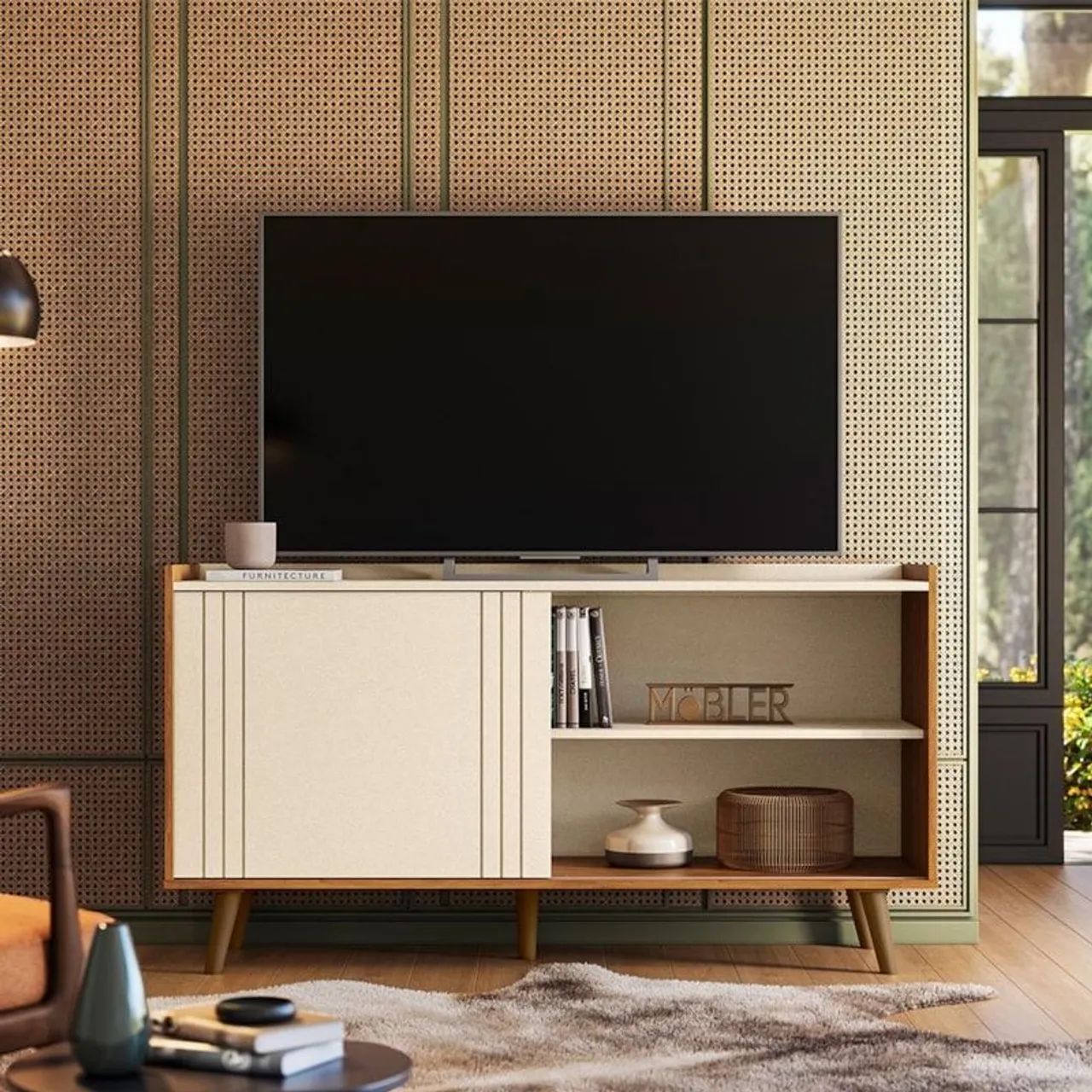 Rack Bancada New Austin Retrô Para Tv Até 50 Polegadas Pérola Metalizado/Cinamomo