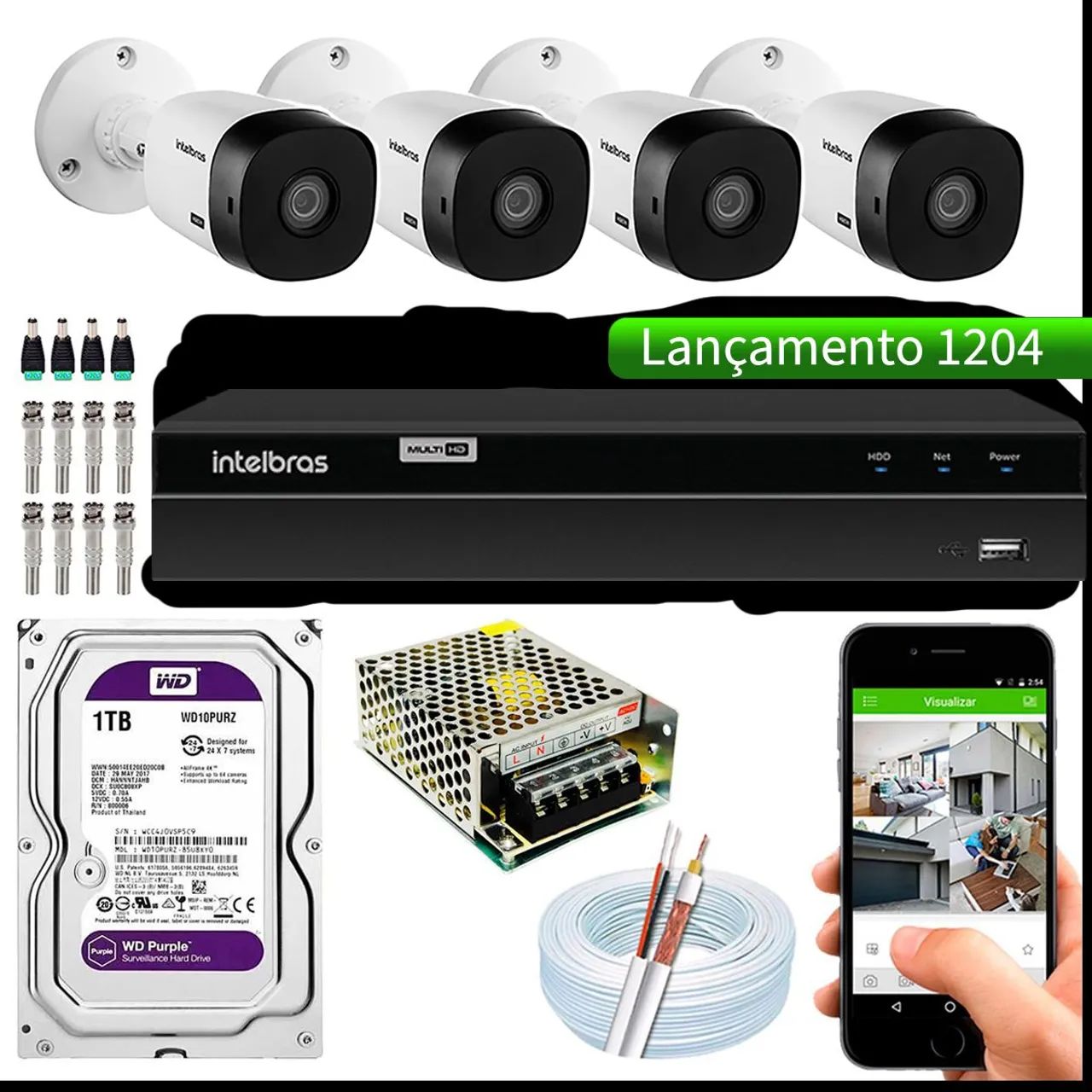 Kit CFTV 4 Câmeras Intelbras 1080p Full HD + DVR 4 Canais + HD 1TB + Acessórios