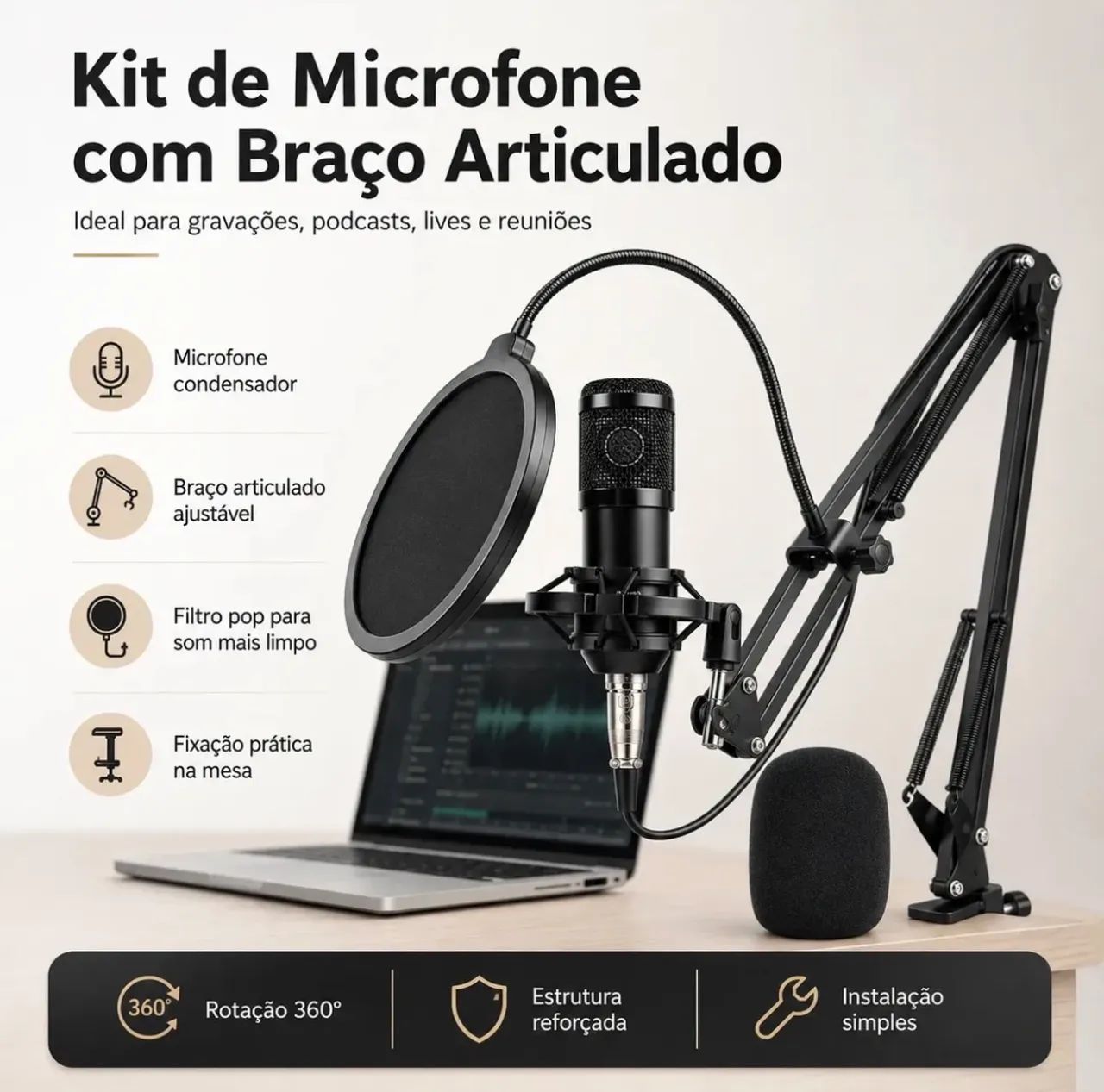 Kit Microfone Condensador Fio Braço Antirruído USB - Foto 2