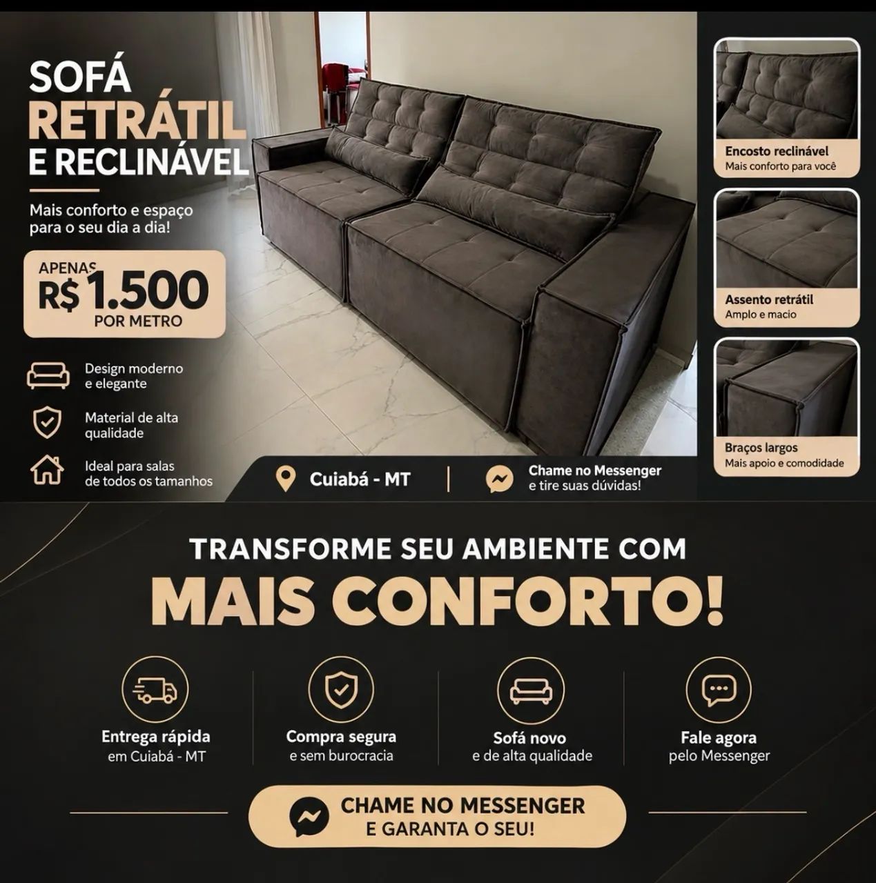 Sofá retrátil e reclinável (1300 por metro) - Foto 3